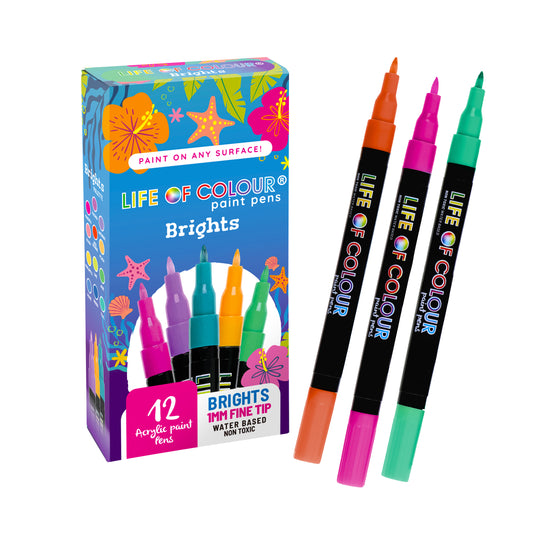 Life Of Colour - Bright Colours 1mm Fine Tip Acrylic Paint Pens - Set of 12