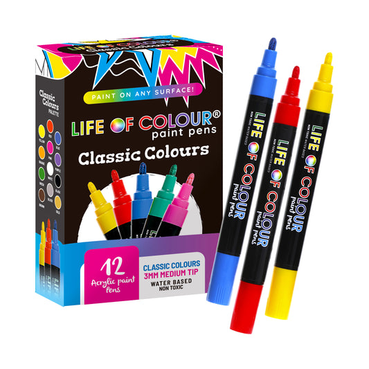 Life Of Colour - Classic Colours 3mm Medium Tip Acrylic Paint Pens - Set of 12