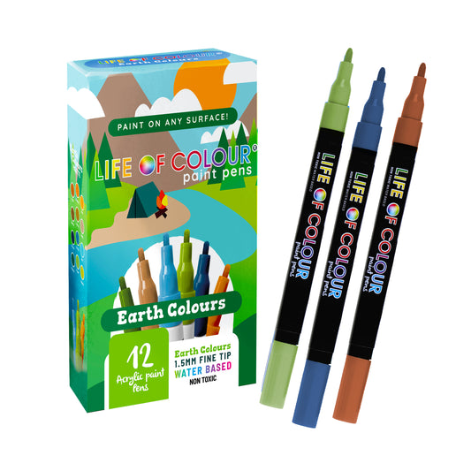 Life Of Colour - Earth Colours 1mm Fine Tip Acrylic Paint Pens - Set of 12