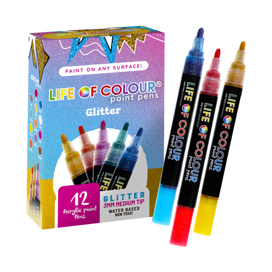 Life Of Colour - Glitter Acrylic Paint Pens - Set of 12