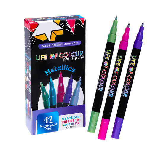 Life Of Colour - Metallic 1mm Fine Tip Acrylic Paint Pens - Set of 12