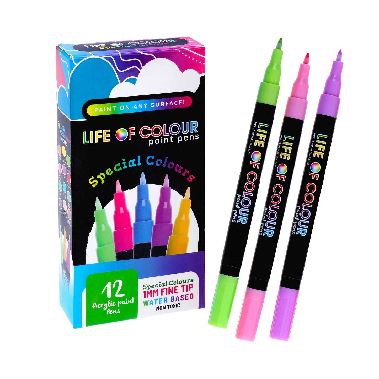 Life Of Colour - Special Colours 1mm Fine Tip Acrylic Paint Pens - Set of 12