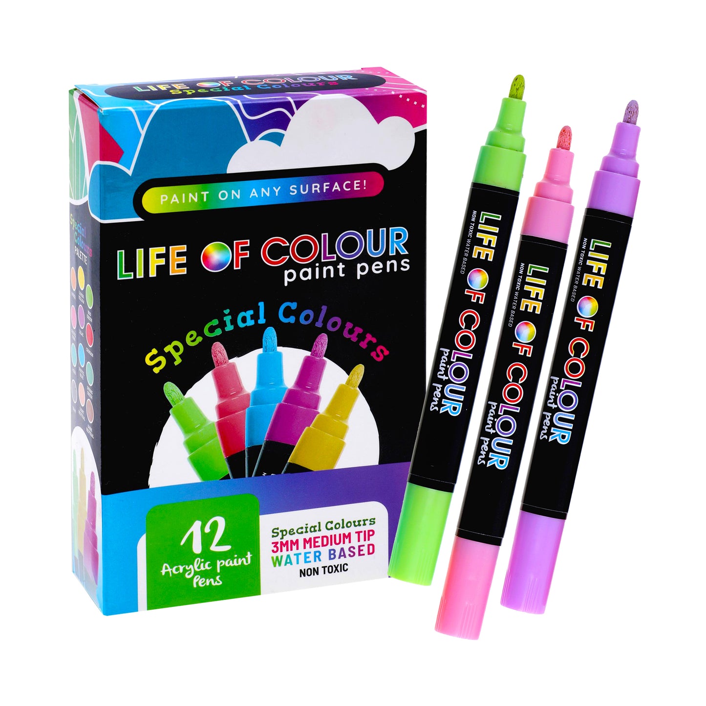 Life Of Colour - Special Colours 3mm Medium Tip Acrylic Paint Pens - Set of 12