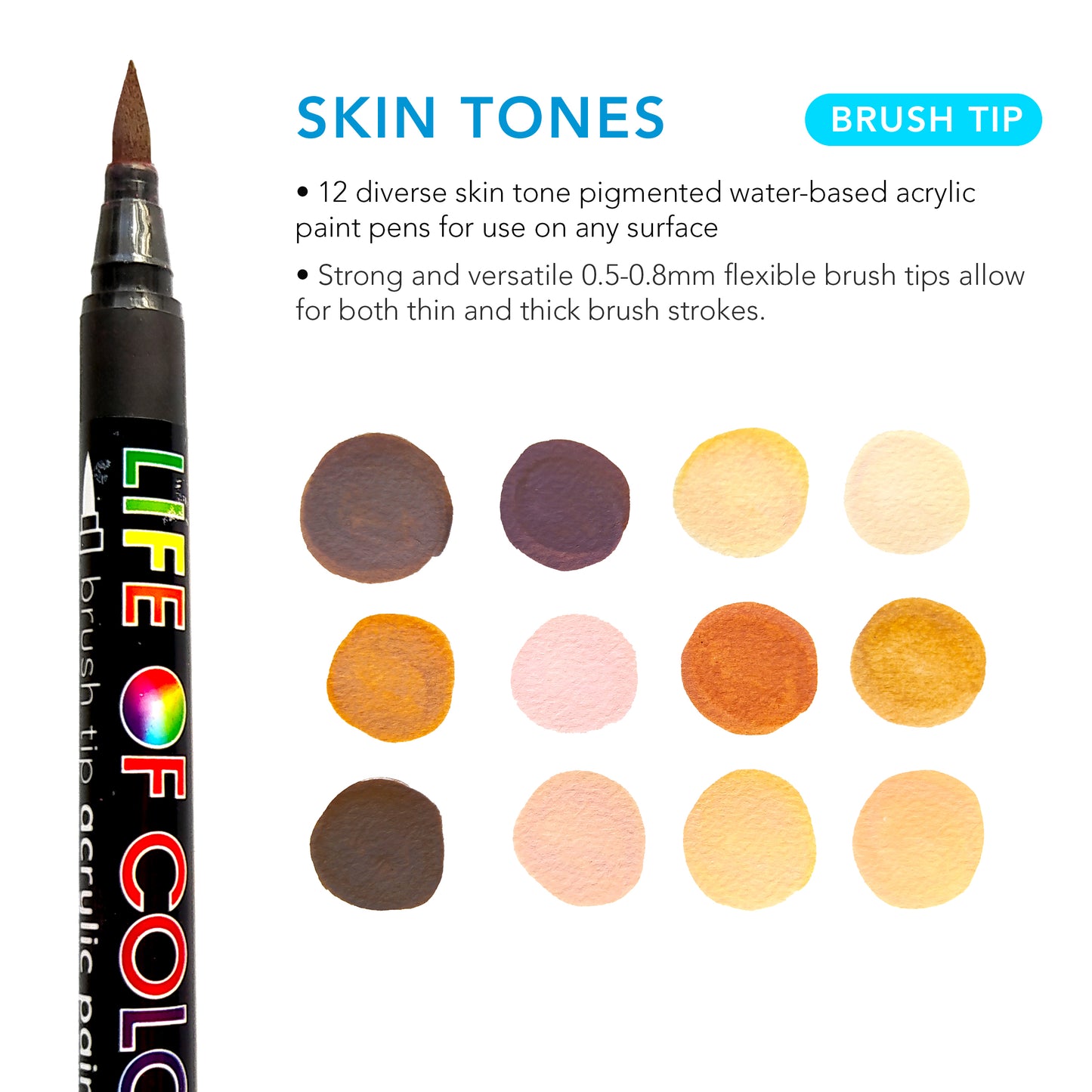 Life Of Colour - Skin Tone Brush Tip Acrylic Paint Pens - Set of 12