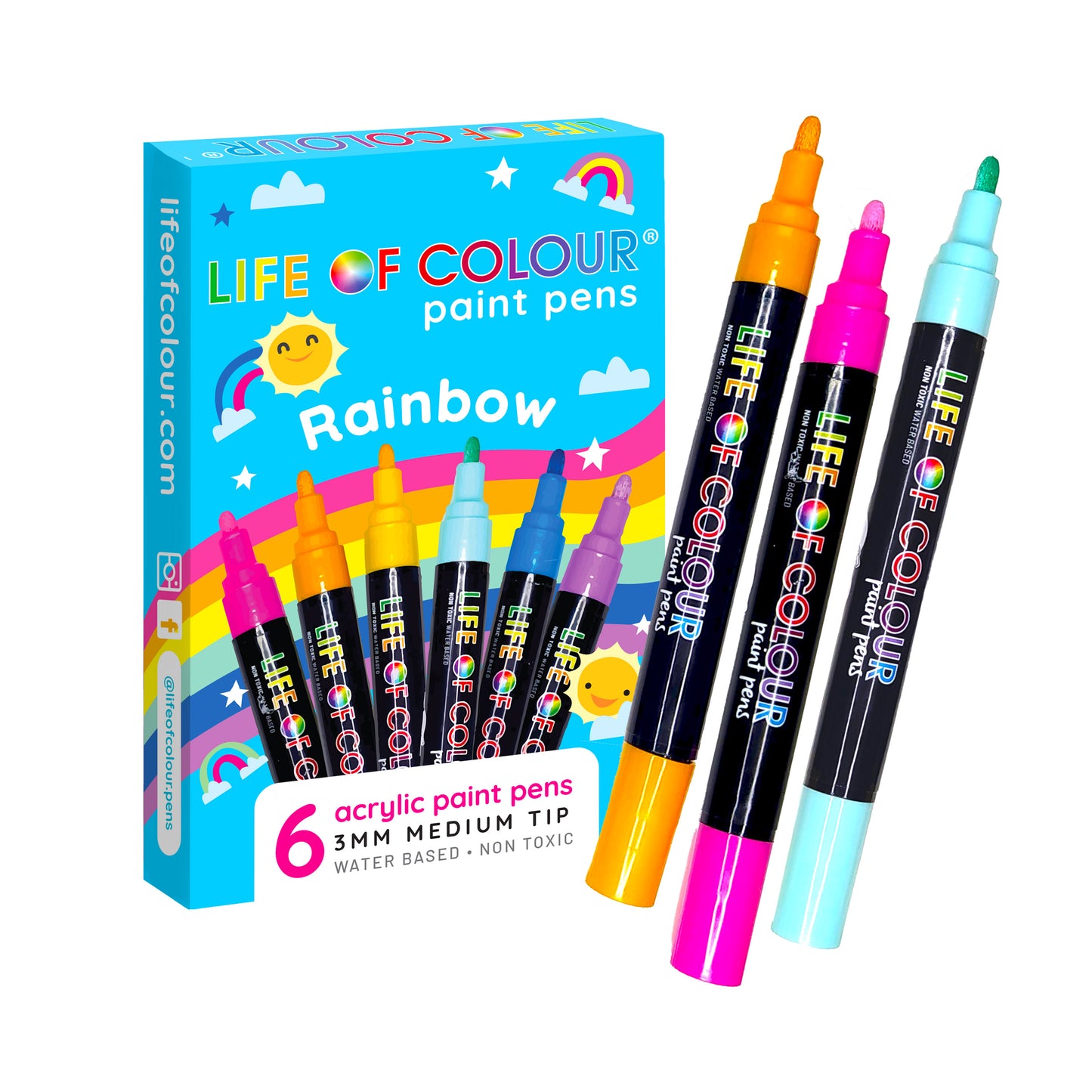 Life of Colour - Rainbow Colours 3mm Medium Tip Acrylic Paint Pens – Set of 6