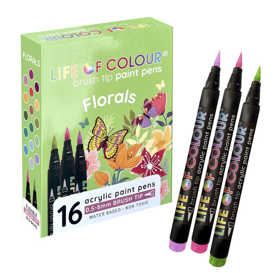Life Of Colour - Floral Colours Brush Tip Acrylic Paint Pens - Set of 16