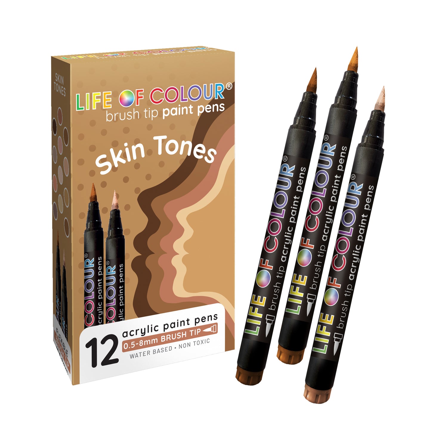 Life Of Colour - Skin Tone Brush Tip Acrylic Paint Pens - Set of 12